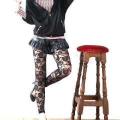 Retro roses lace backing tights pantyhose - black ( 371 )