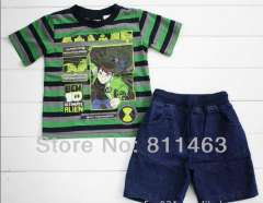 children boys fashion summer sports suit \ green striped short sleeve T-shirt +jean shorts