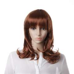 褐棕色化纤齐刘海长卷发64cm