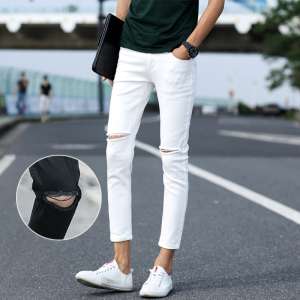 Knee Horn Jeans Men's Fall White Beige Pants | Men's Tide Korean Slim 9pcs Pencil Pants