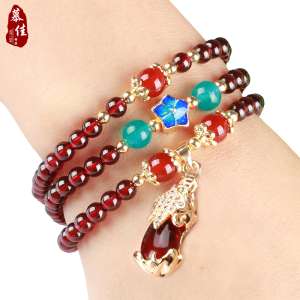 Burgundy natural garnet bracelet female multi-ring Korean simple personality genuine crystal 貔 貅 hand string birthday gift