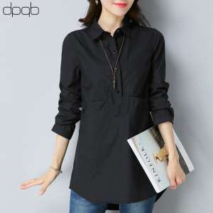 Dpqb black cotton long-sleeved shirt female stitching 2017 autumn new loose casual shirt long coat