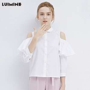 LUIMINE2017 spring new wild strapless shoulder sleeves shirt women solid color shirt Slim cotton shirt