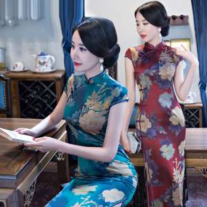 Cheongsam 2017 new fancy silk double-layer improved retro banquet catwalk dress daily long dress cheongsam dress summer
