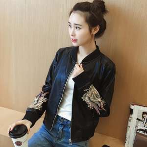 Embroidered Baseball Jacket Jacket Women Spring Autumn 2017 New Korean Student bf Loose Short Sleeve PU Leather
