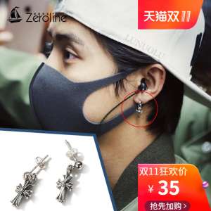 S925 silver cross earrings men punk retro simple earrings personality tide with the wild long paragraph earrings