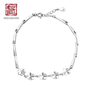 Old silversmiths Silver jewelry 925 Silver Clover inlaid imitation Zircon bracelet Japan and South Korea sweet simple fashion silver bracelet
