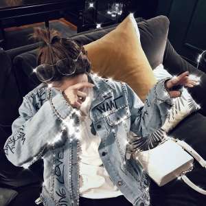 Empiece con el mismo p&aacute;rrafo | 2018 oto&ntilde;o e invierno nueva versi&oacute;n coreana del diamante grueso y fino letras de diamantes de imitaci&oacute;n graffiti denim chaqueta femenina