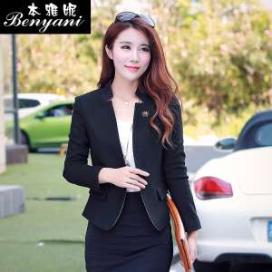Spring and Autumn Women's Korean version of the long-sleeved Slim small suit female short jacket female wool OL suit black