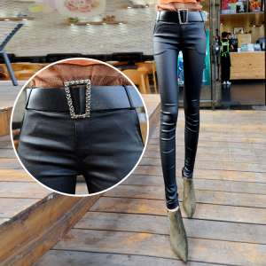Autumn and winter coated black pu leather pants women's high waist leggings are thin stretch outside wearing a pencil pants plus cashmere trousers