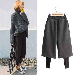 Autumn and winter thicker woolen two pieces of wide leg pants pants ladies Korean version of the thin leggings loose waist plus cashmere trousers