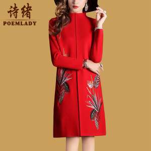 Poetry thread 2017 new autumn and winter red long-sleeved embroidery loose thickening long section pullover dress children 1960