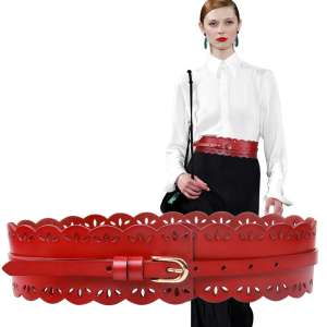 Masculine hollow leather cowhide ultra-wide girdle female red and black leather belt female dress skirt coat wide belt girl