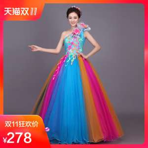 여자 호스트 성능 드레스 퍼프 스커트의 어깨 컬러 거즈 웨딩 드레스 무대 솔로 아트 테스트 의류 의상 긴 섹션