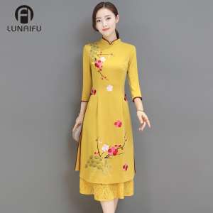 2018 ฤดูใบไม้ผลิสไตล์จีนใหม่ประจำวันการปรับปรุง hafts เย็บปักถักร้อย cheongsam ยาวสาวชุดบางเจ็ดแขน