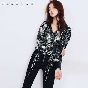 RARAMAX retro leather PU leather stitching chic rivets floral shirt women fall loose long sleeves tide