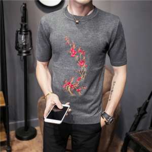 Autumn Chinese Style Short Sleeve T-shirt Sweater Male Retro Embroidery Slimming Sweater Youth Casual Men's Half Sleeve Tide
