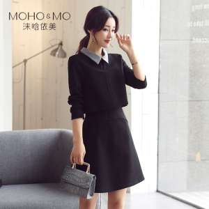 Mohan according to the United States 2017 autumn new temperament splicing leave two lapel back button decoration casual dress