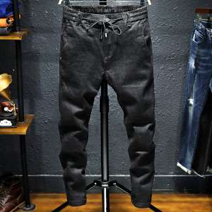Autumn and winter models elastic waist black jeans male youth elastic Slim feet pants Japanese trend beam pants