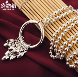 New 99 feet silver sterling silver sweater chain long necklace female round bead chain wild fashion tassel big pendant Korea